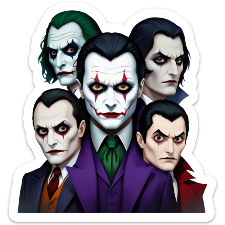 Thriller Movie Icon: A dark, intense collage with close-up images of iconic thriller characters like 1 Joker, 1 Hannibal Lecter, and 1 Vlad Dracula. The background features a moody Gotham City skyline, with shadowy figures and fog. Atmospheric, suspenseful tone. Transparent background. sticker