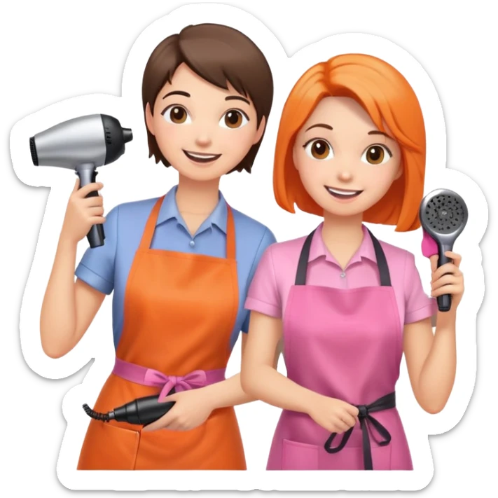 happy woman in pink apron getting a haircut from smiling female hairstylist in orange apron, holding hairdryer in right hand sticker