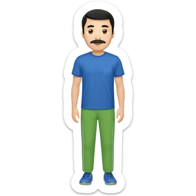 A man with black hair and too short beard and moustache and him wear a blue t shirt and green colour colour  sticker