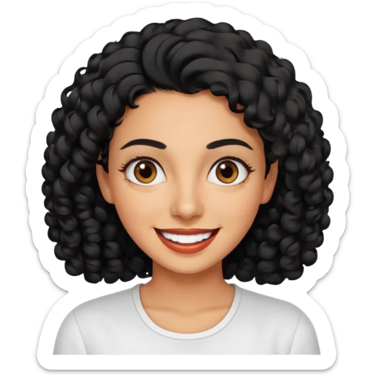 30 year old iranian woman short curly black hair, big brown eyes, tanned skin, big smile, white teeth, pretty sticker