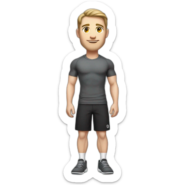 Pale skinned Fit Man With the biceps and dark brown hair in black shirt, gray sports shorts and white Sneakers Relies on the crossbar sticker