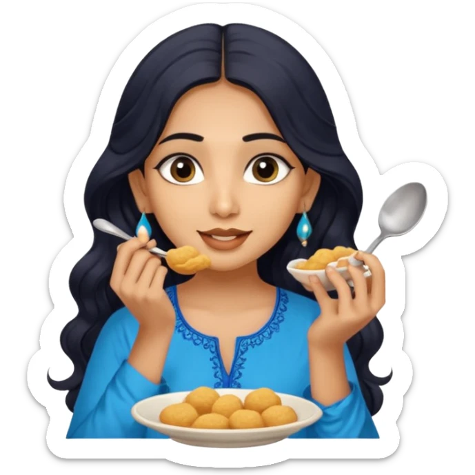 a pretty tan indian bratz girl with wavy long BLACK hair. eyeliner on, wearing a blue kurti, eating golgappa (without spoon) sticker