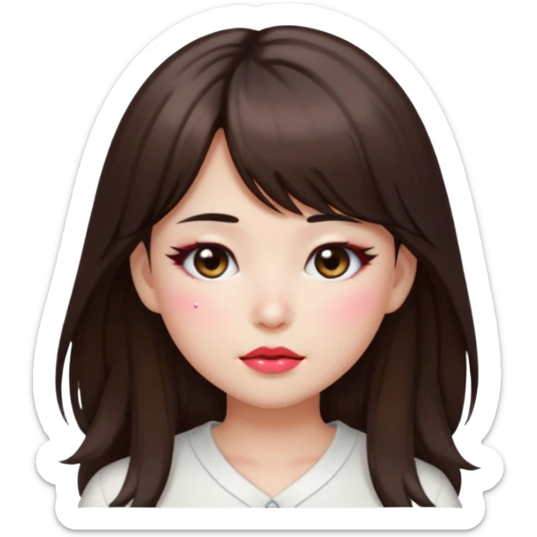 “japanese style Emoji brunette girl long hair with side bangs white top, dewy skin, heavy blush across cheeks and nose bridge, glossy cherry lips, soft eyeliner, teary sparkling eyes sticker