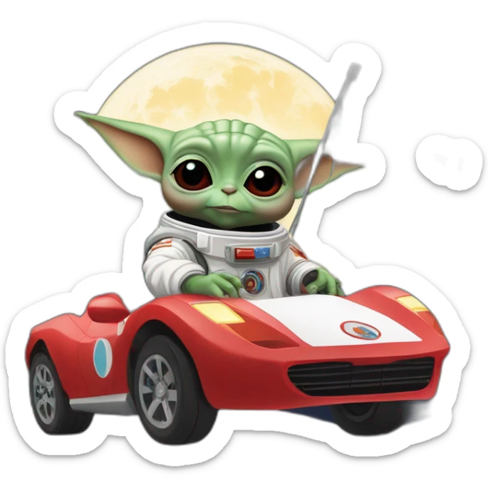 baby yoda unicorn driving a red ferrary in an astronaut suit with peace flag on the moon sticker