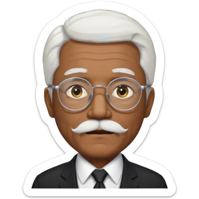 An elderly man emoji with medium-dark skin tone, long face, white hair on the sides, glasses, light eyebrows, and a light white beard. sticker
