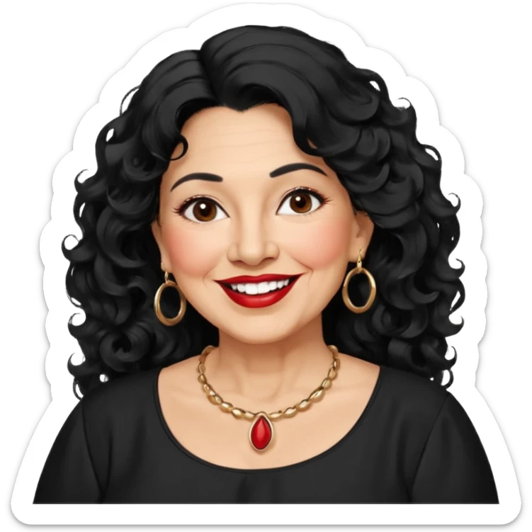 60 yr old Mexican woman, slightly chubby, wavy/curly long black hair, red lipstick, big smile, white teeth, brown eyes, hoop earings, side part to hair, round face, nice blouse, no wrinkle hair side swept, big hoop earing sticker