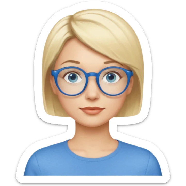 femme 40 ans cheveux garçon blond avec raie sur le coté, yeux bleu et lunettes rondes bleues sticker