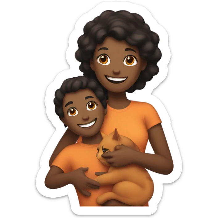 a happy light-brown woman with black hair and a happy brown man with brown hair are friends and holding an orange cat sticker