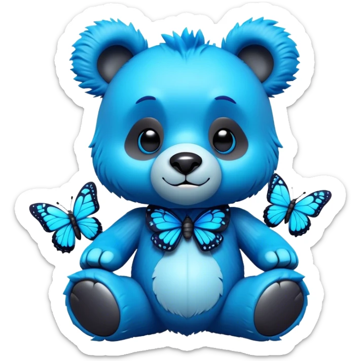 3D, adorable little Pixar style blue neon punk bear with a butterfly, ultra detailed, each lash, eye, and strand of fur is shown in stunning detail as though captured in a timeless photograph, rich textures, visually rich, so lifelike it feels like it could leap off the page at any moment sticker
