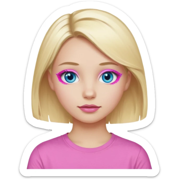 girl with blue eyes blonde in a pink t-shirt with pink lips painted eyelashes and soft facial features sticker
