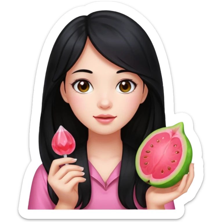 A girl with long black hair holding a piece of guava hard candy sticker