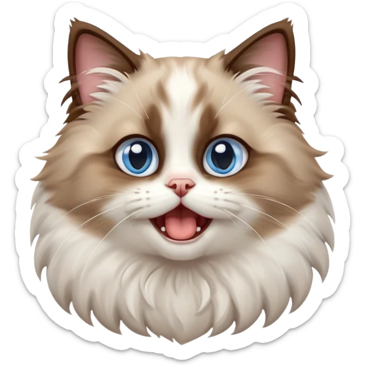 cinematic-adorable-big-eyed-fluffy-brown and white ragdoll-cat-portrait-emoji,-head-tilted-playfully-with-a-cute,-yawn,-soft-brown-and white-colored-fur-with-darker-points-on-the-ears,-simplified-yet-irresistibly-cute-features, sparkling blue eyes sticker