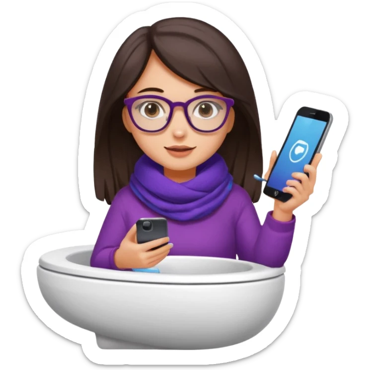 Fille châtain foncé avec lunettes. Elle porte une grosse écharpe violette, bleu et orange. Elle est dans une cuvette de toilette. Téléphone en main. Realiste sticker