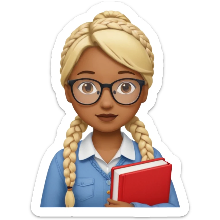 A student, girl, brown skin, braid blonde hair, wearing glasses, hold red book in front of their chest sticker