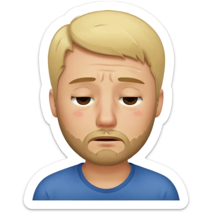 A man with short unparted blond hair hair and a short brown  beard making a weary crying  face with eyes closed sticker