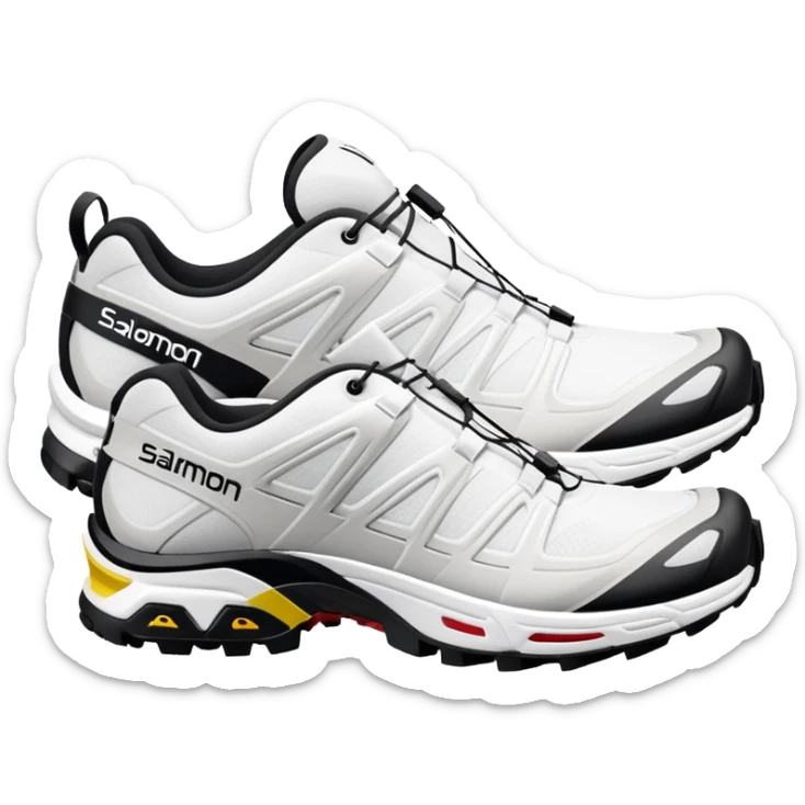 Ultra minimalist white Salomon XT-6 shoes, extremely simplified iOS emoji style, one behind the other, flat colors, very basic lines, essential details only, clean design sticker