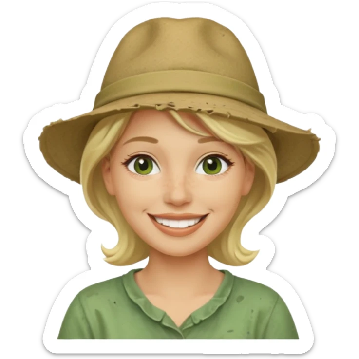 messy green clay mask and tourist hat blond woman  smiling and clay mask on face sticker