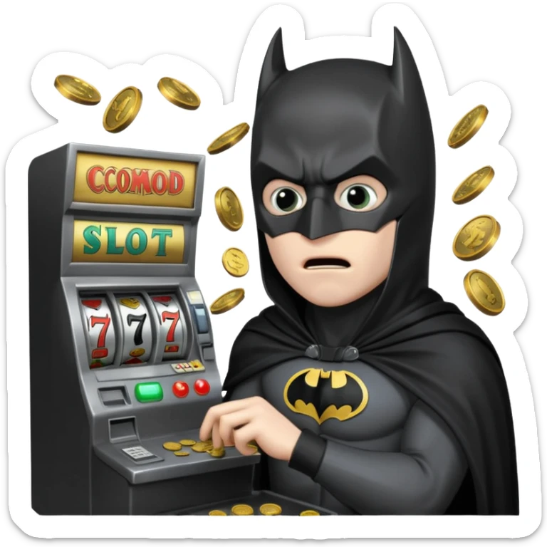 disheveled bat man losing money at a slot machine, panicked face, coins flying sticker