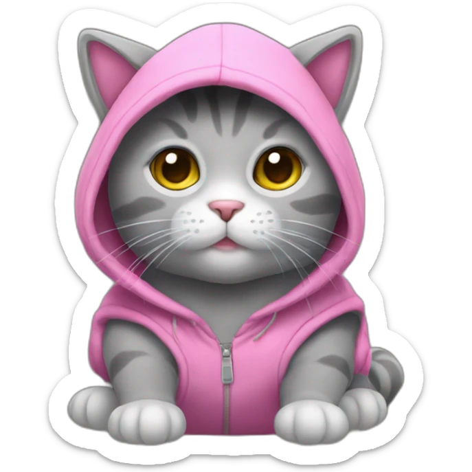 A gray plush cat. This cat is wearing a sleeveless sweater with a pink hood. He's sitting on his buttocks. Small round ears are hidden in the hood. sticker