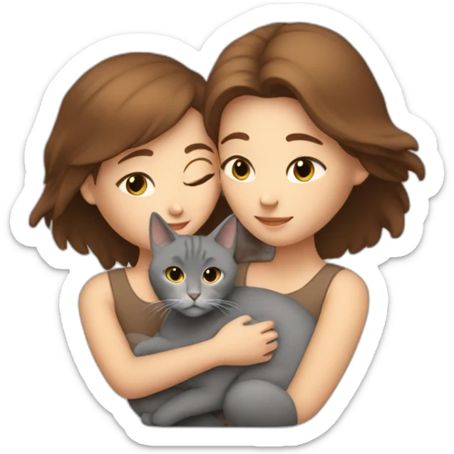 white woman with brown hair cuddling one grey cat and one brown cat sticker