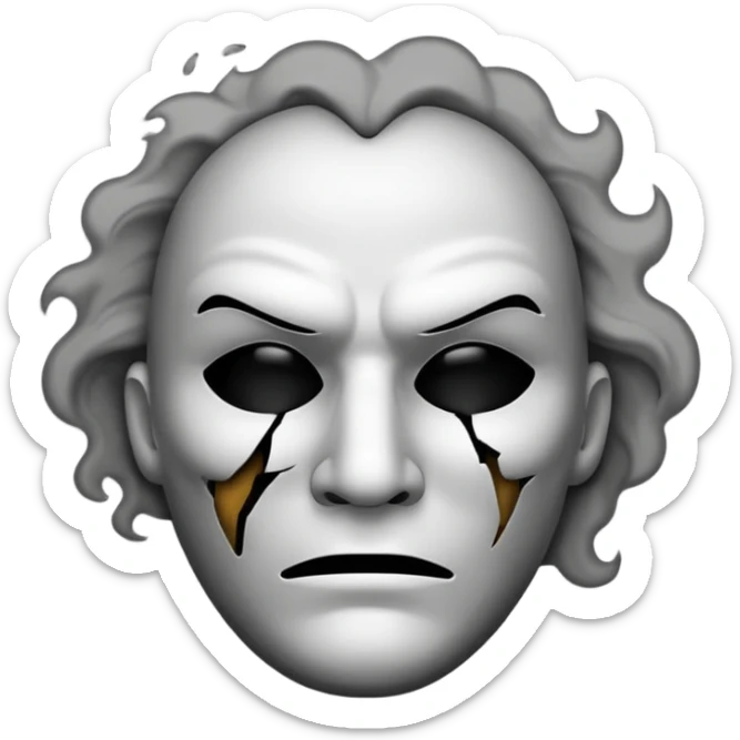Minimalist emoji-style sticker of a cracked actor’s mask with empty eyes and faint smoke rising, grayscale with dusty shadows sticker