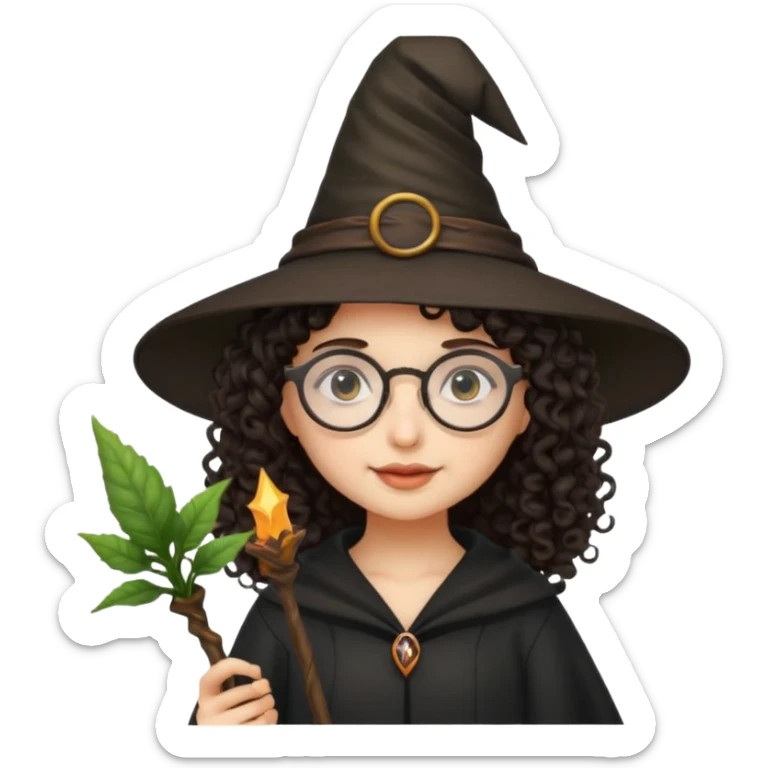 A dark curly haired girl with a witch hat, round glasses, and a plant wand sticker