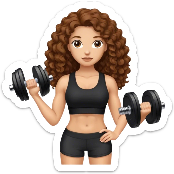 white woman with long brown curly hair in black top and shorts holding dumbbell sticker