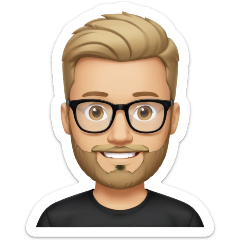 Man with light skin, full facial beard, short upswept hair, large black-framed glasses, smiling face, black sports fabric shirt sticker