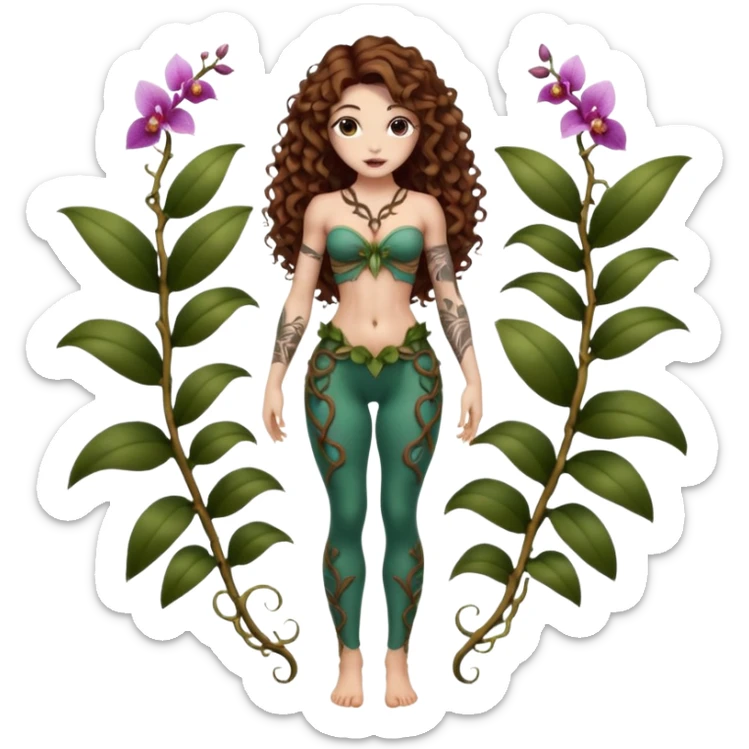 full body woman long curly brown hair brown eyes white skin tattoos muscular build orchid fairy bodice and vine leggings sticker