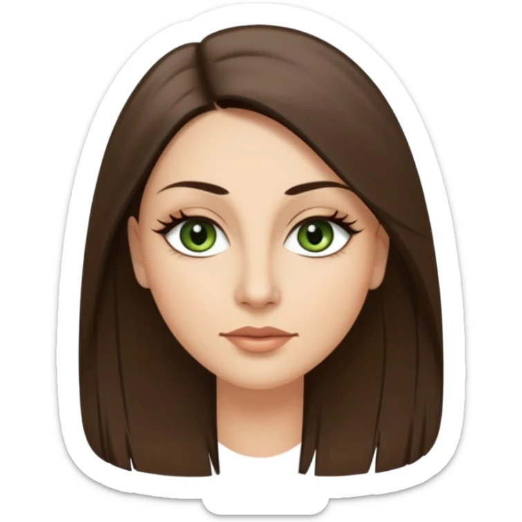 40 year old Adult woman avatar, light skin tone, oval face, long straight ashy brown hair, green almond-shaped eyes with dramatic eyelashes and minimal eyeliner, neutral mouth, medium straight eyebrows, small nose, smooth skin sticker
