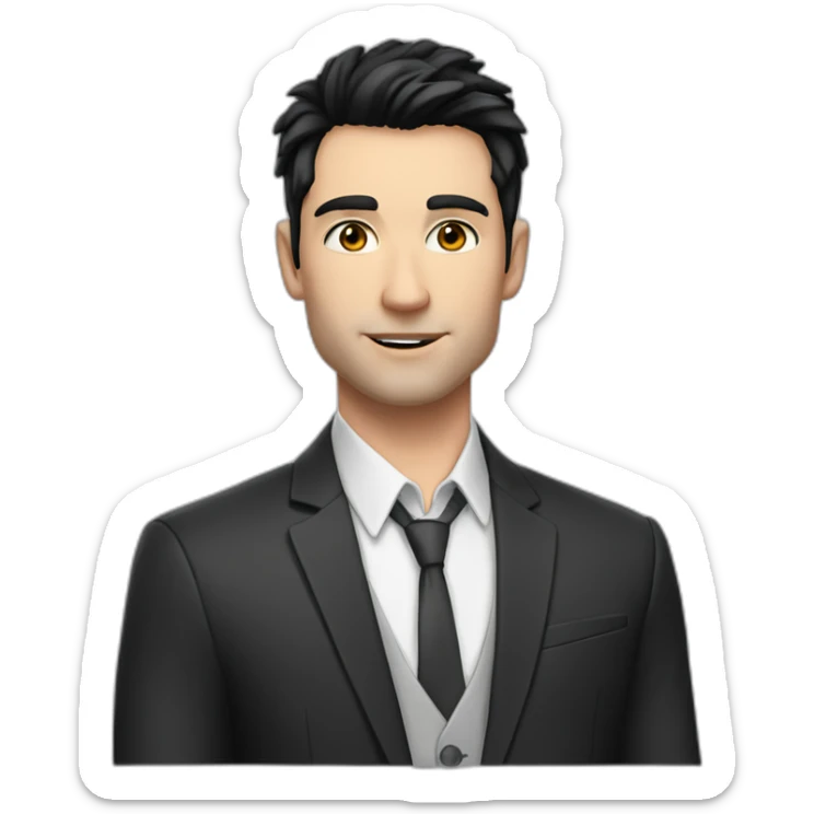 man, blue eyes, 30 years old, white skin, black hair, blazer with t-shirt, good looking sticker