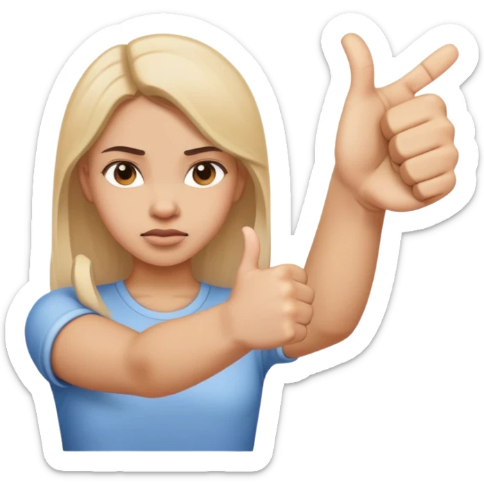 Girl showing conflicting opinions with one hand giving definite thumbs up and other hand giving definite thumbs down, uncertain facial expression sticker