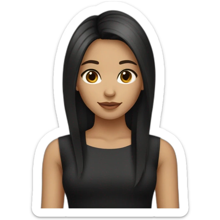 girl She has brown eyes, long dark hair, straight and styled. She has an olive skin tone and wears black clothing, which contrasts with her fair complexion. sticker