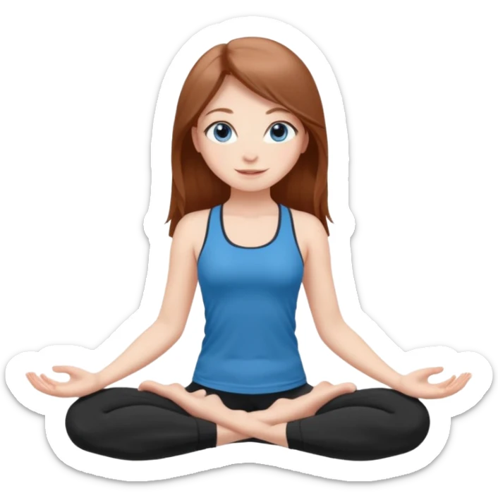 A girl with fair skin and a natural blush. Eyes are large, expressive, blue. Hair is long, straight, chestnut-colored. The smile is soft, friendly, in a black top and leggings
is standing in a yoga pose sticker