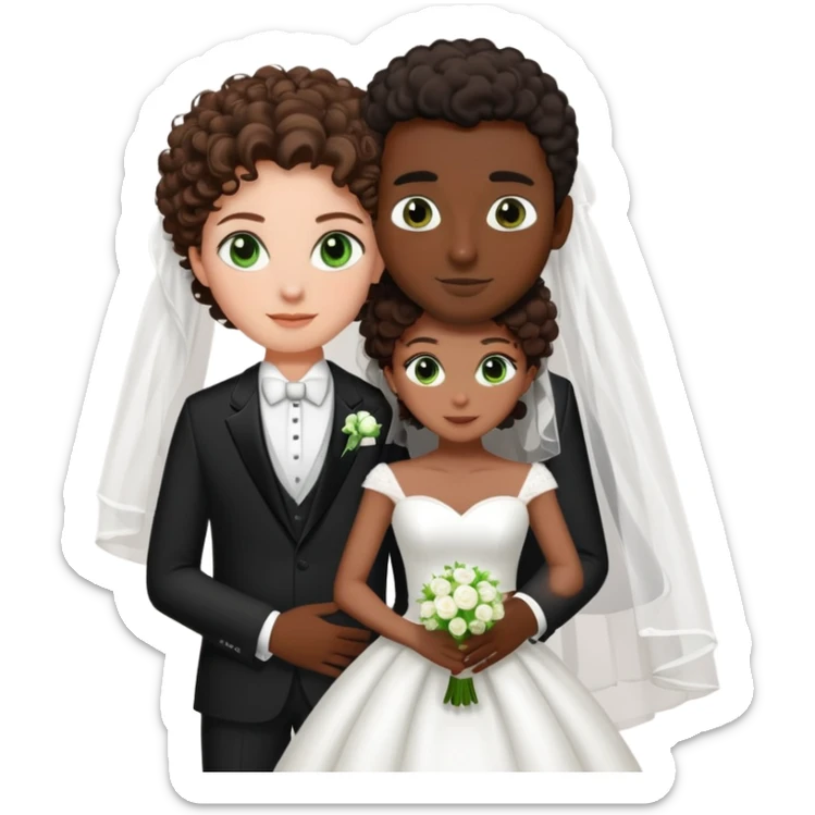 A fair-skinned bride with brown hair and green eyes next to the groom with dark skin, short curly black hair, and brown eyes sticker