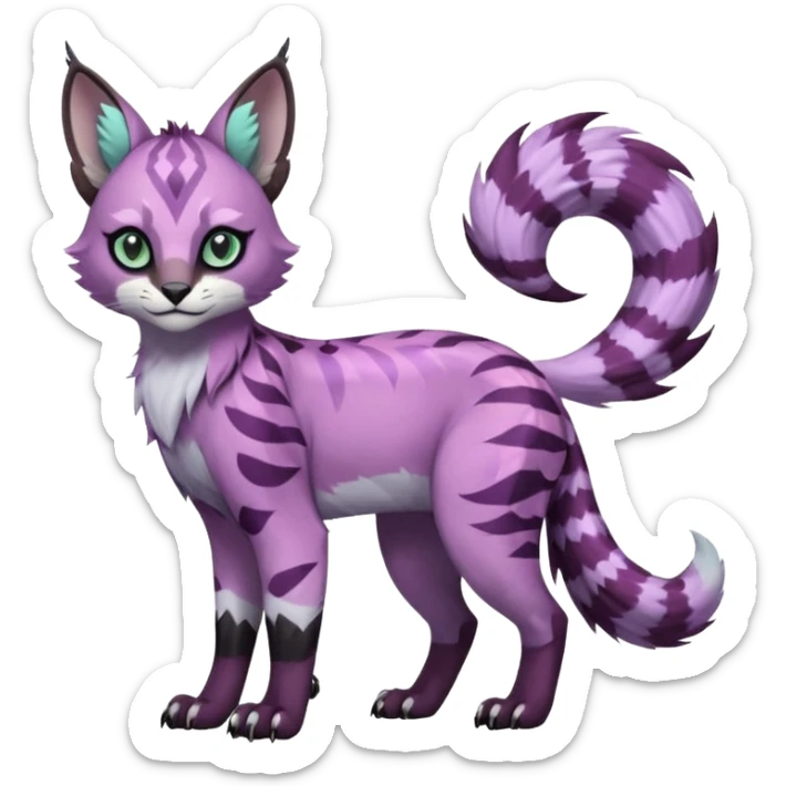 Cute kawaii cool edgy badass Colorful pale minty lilac onyx fruity glorious exotic neon vibrant zigzagged fantasy-caracal-civet-genet-sergal-vernid-Gryphon-Cacomistle-Trico-oncilla-animal-Fakémon-hybrid-fursona (full body), facial markings, (realism style) sticker