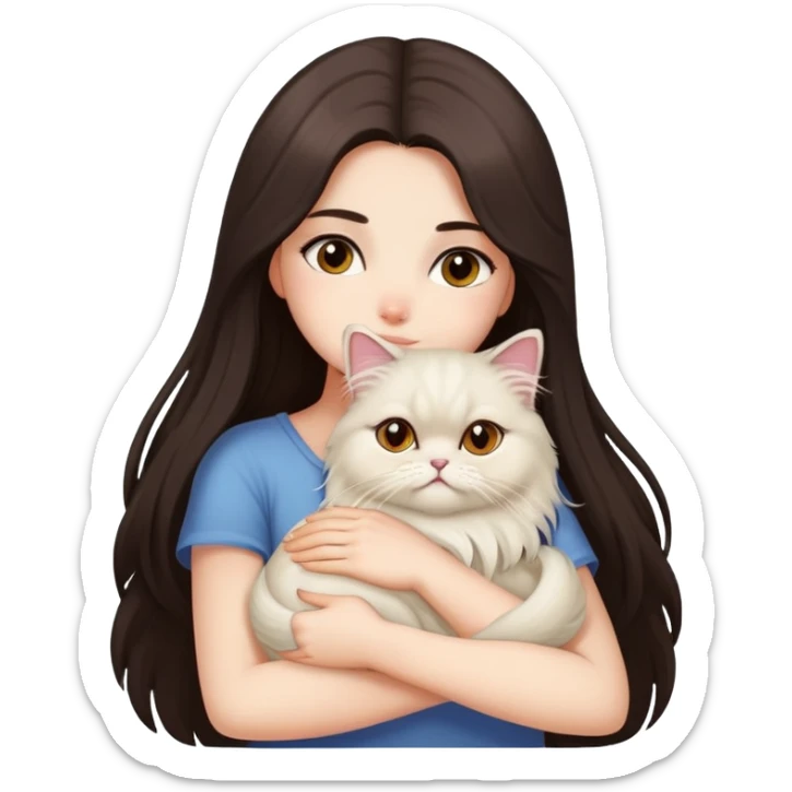 A pretty girl with long dark hair is hugging her one light hair persian cat. sticker