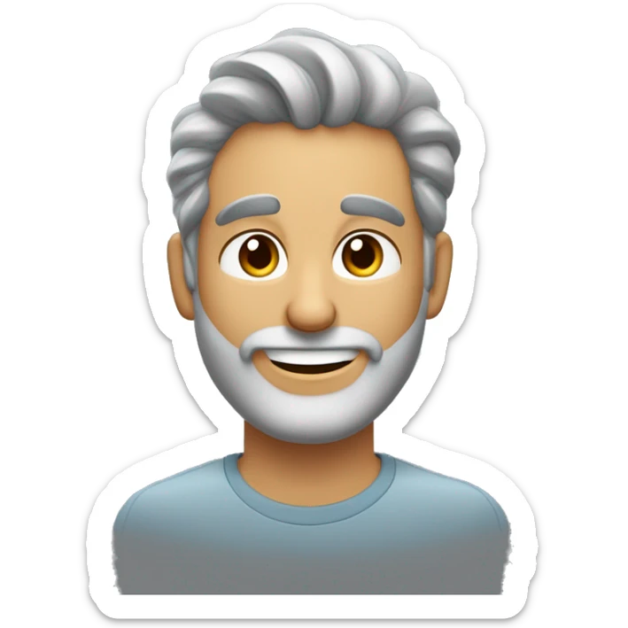 hombre calvo con cabello gris en los costados, cejas tupidas, barba corta y gris, y una expresión sonriente que muestre dientes blancos. El emoji debe transmitir calidez y amabilidad. sticker