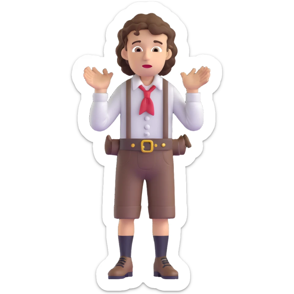 German person with brown curly hair in typical Bavarian clothing (lederhosen) shrugging and looking lost sticker