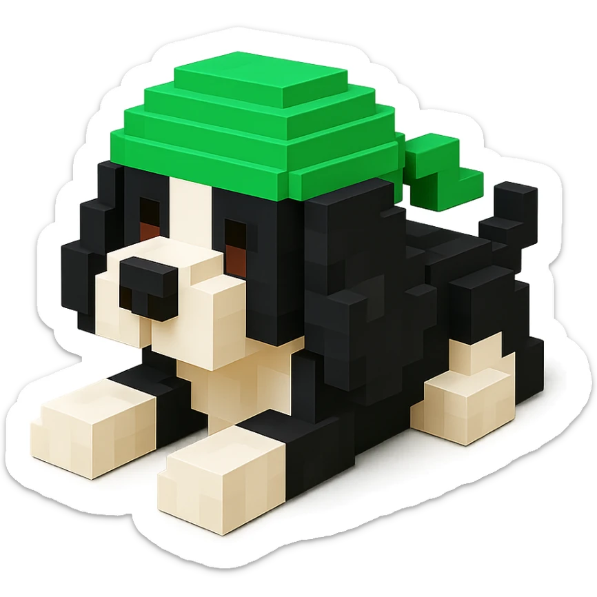 A black and white Russian Cocker Spaniel puppy wearing a green durag, voxel style, lying down sticker