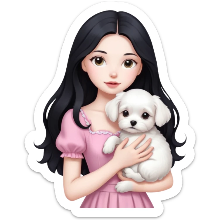 beautiful girl with long black hair wearing pink dress holding a white Maltese puppy sticker