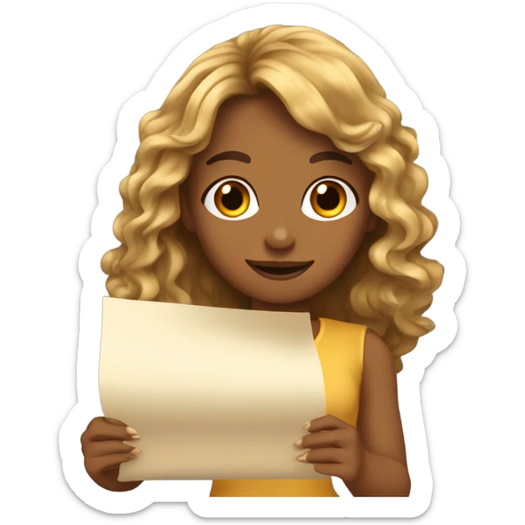 TAN SKIN GIRL with long gold wavy hair and bangs holding paper sticker