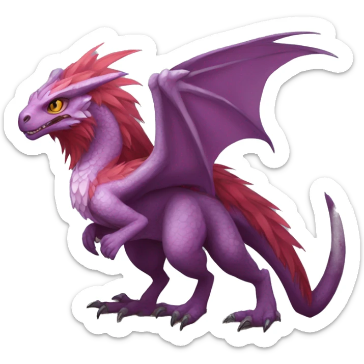 Mauve-maroon-red-violet-colored anthro-raptor-dragonkin-scalie-sona-Fakémon-hybrid with a mane on head and back full body sticker
