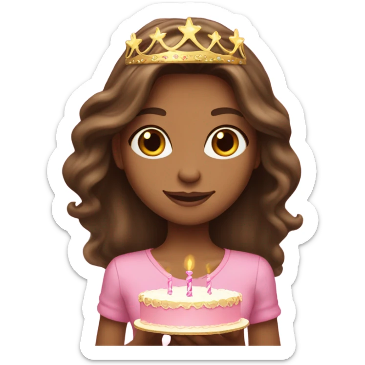 Beautiful tan skinned brunette with long hair and a pink birthday cake and gold tiara sticker