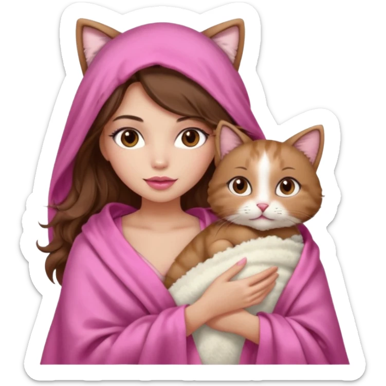girl with long wavy brown hair, brown eyes, long lashes makeup, sexy pink lips, light to medium complexion, wearing a pink sexy silk top, big blanket over the head cozy holding a cat sticker