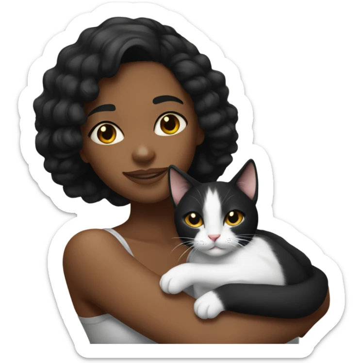  Tanned black woman with black hair hugging a black and white cat  sticker