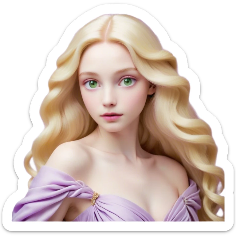 Cinematic Realistic Rapunzel Portrait, with porcelain-like skin featuring a subtle, natural glow, illuminated by soft lighting that brings out the gentle contours of her face. Her long, golden blonde hair cascades in detailed waves, each strand highlighted with a radiant shimmer as it catches the light. Her bright, expressive green eyes exude curiosity and warmth, framed by delicate lashes and soft, arched brows. Her expression is playful and vibrant, with a gentle smile. She is dressed in her classic lavender and pink gown, the fabric textured with delicate folds that flow naturally, catching the light with a soft, radiant glow. The portrait captures a luminous, enchanting aura, seamlessly blending realism with a whimsical, fairytale charm, evoking a timeless sense of beauty and magic. sticker