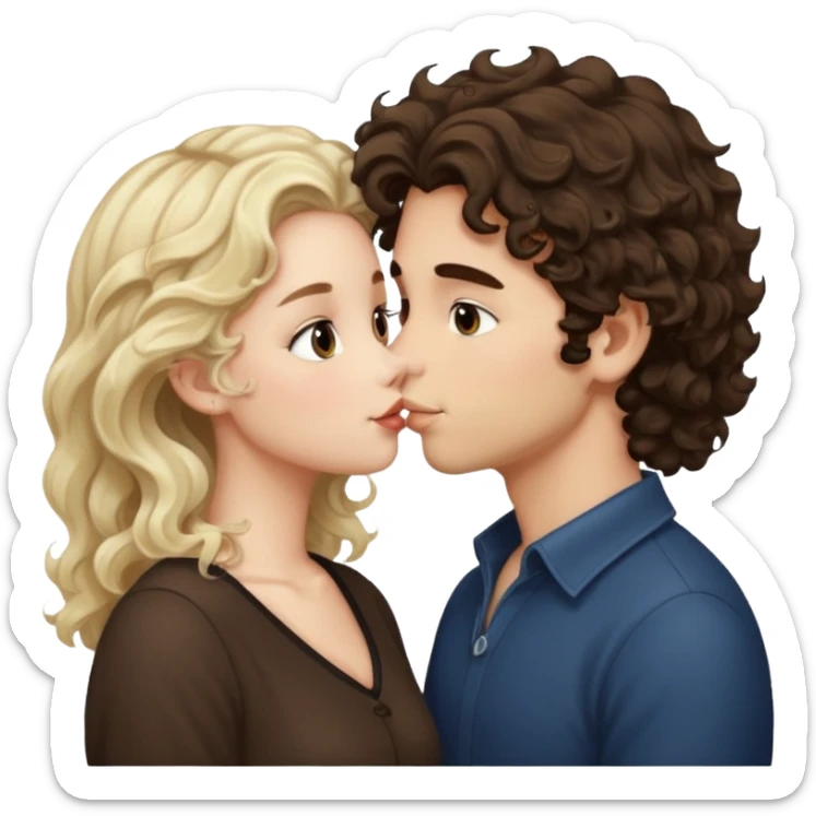 White Italian boy with dark brown wavy fluffy hair and blonde girl that's pale with wavy hair kissing sticker