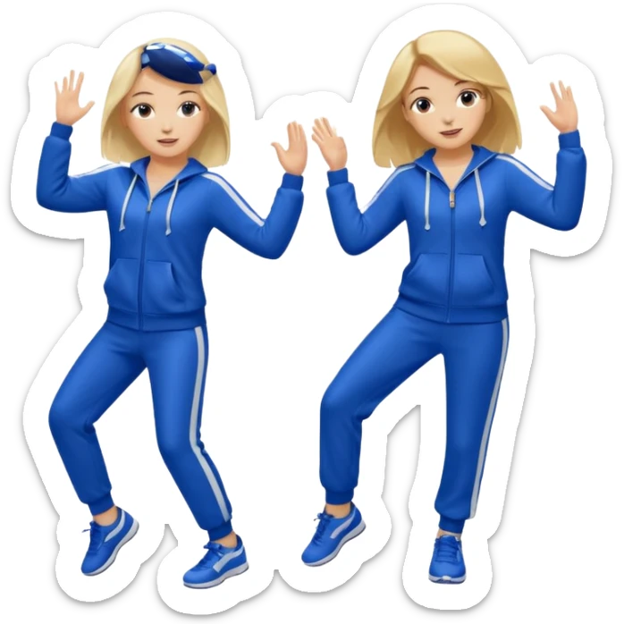 two girls dancing one is blond and one is brunette they are wearing royal blue track suits sticker