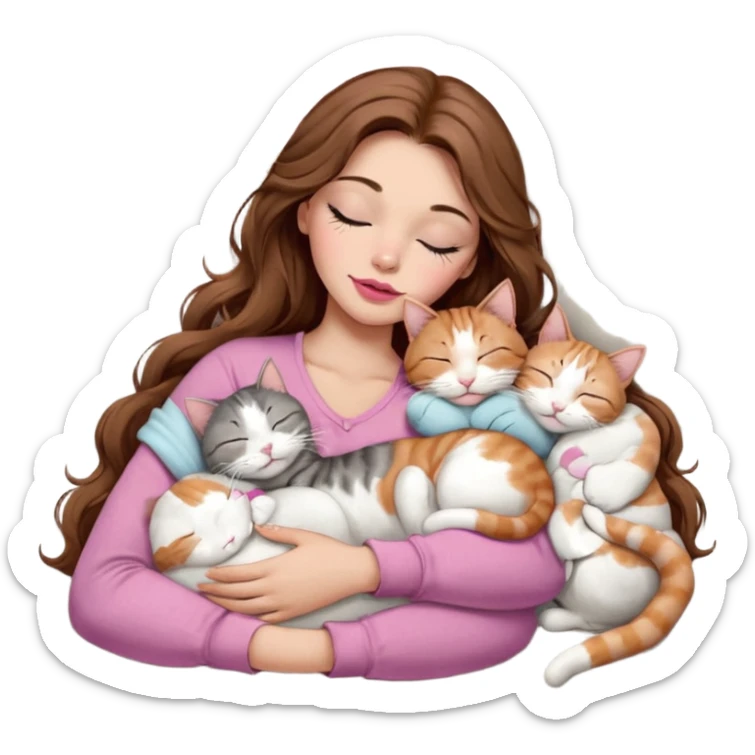 girl with long wavy brown hair, brown eyes, long lashes makeup, sexy pink lips, light to medium complexion,  sleeping on a cozy pillow, with 6 cats: 1 brown and white tabby cat, 1 ginger and white, 2 grey and white, 1 grey with white mittens and small white patch on chest and 1 calico, sleeping sticker